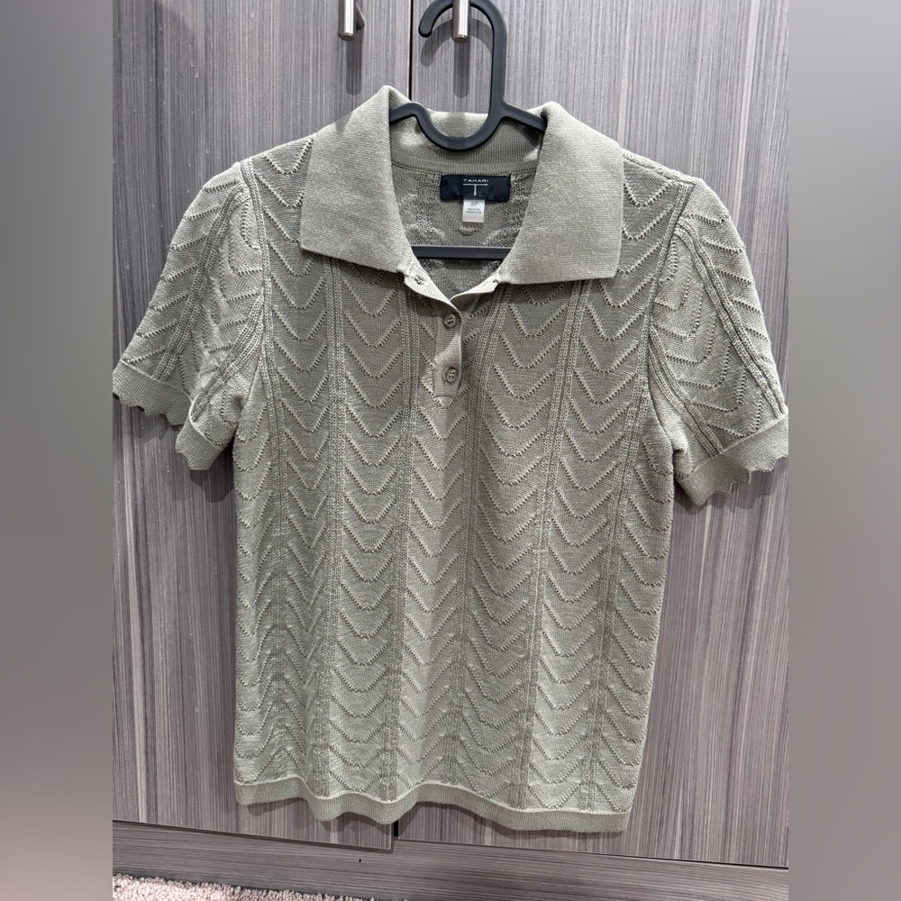 Tahari Olive Button Down Knit Shirt
